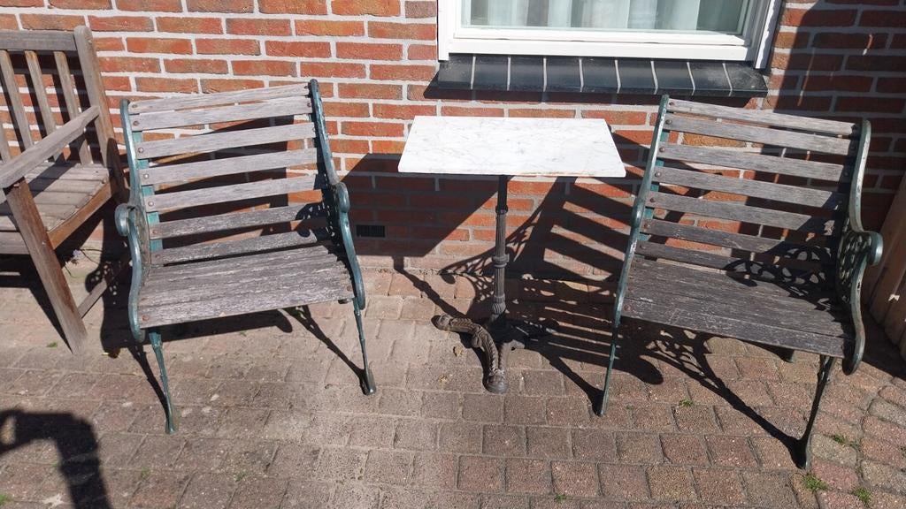Gietijzeren tuinset, Tuin en Terras, Tuinsets en Loungesets, Gebruikt, Bijzettafel, Hardhout, Tuinset