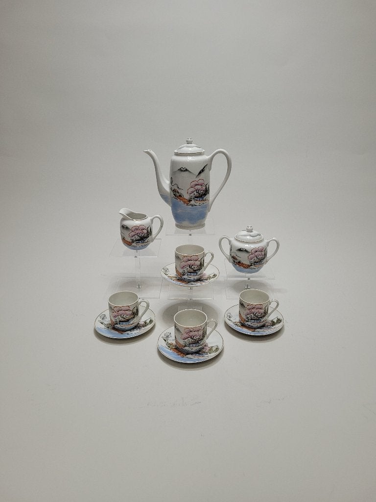Vintage Japans porseleinen koffieservies met landschap, Antiek en Kunst, Ophalen of Verzenden