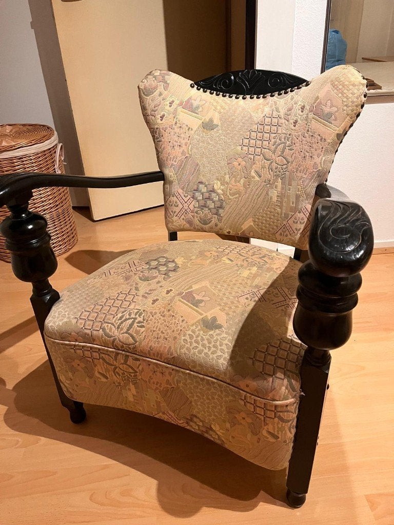 Set van 2 Antieke Fauteuils / Kasteelstoelen – Gobelin Stof, Antiek en Kunst, Ophalen