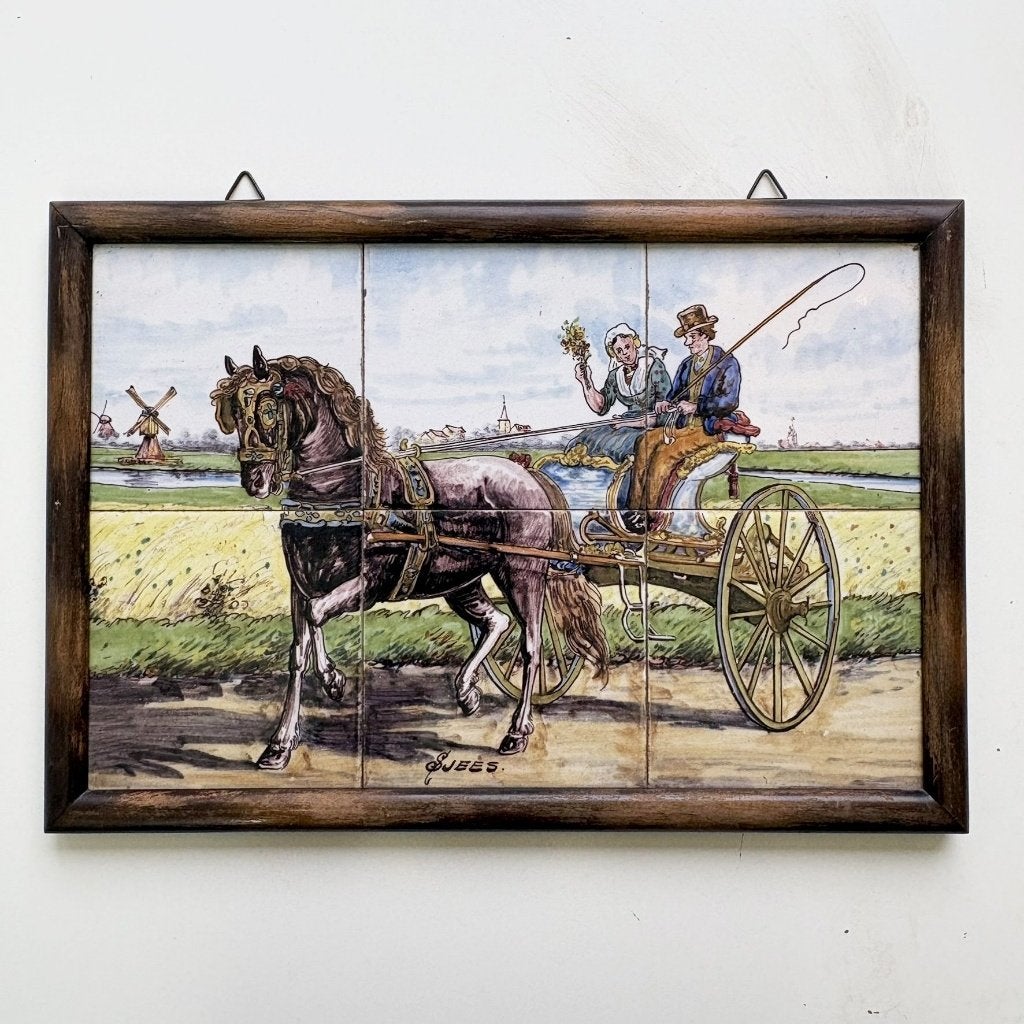Polychroom tegeltableau met Fries bruidspaar op sjees, Ophalen of Verzenden