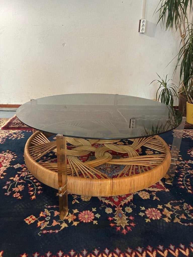 Luxe Vintage Salontafel Jaren 70 - Rotan & Rookglas, Ophalen