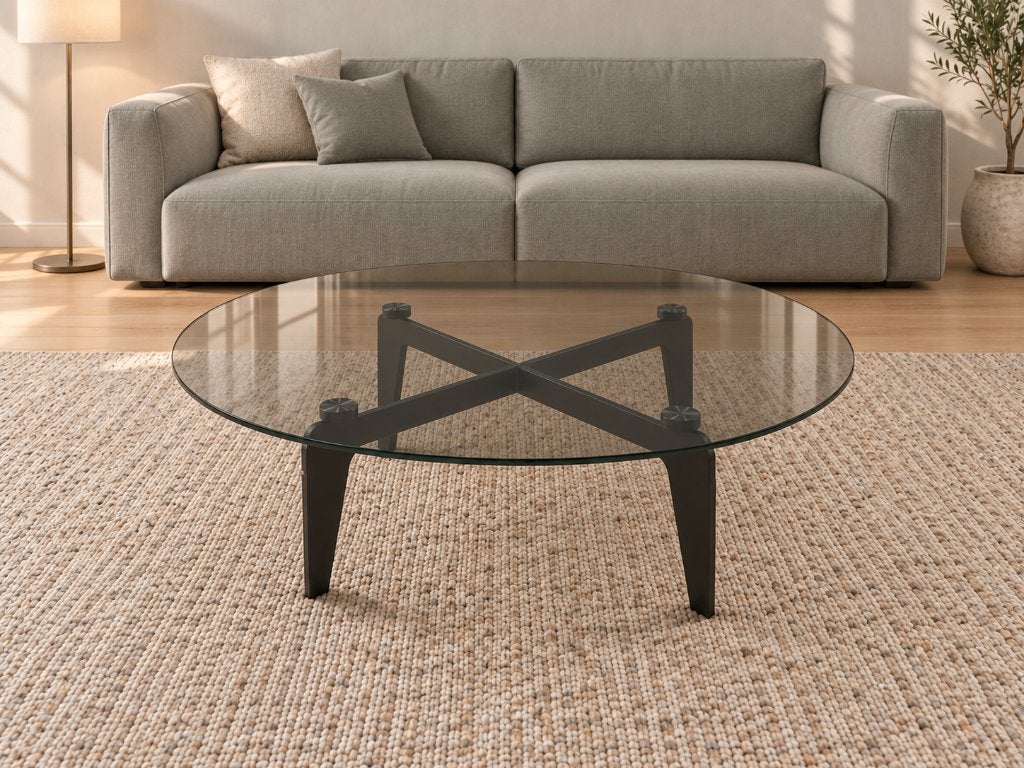 ZGAN Minotti Kirk Cross Salontafel + GARANTIE | NP €4.500, Minotti, Rond, Glas, Design Tafel Salontafel Minotti