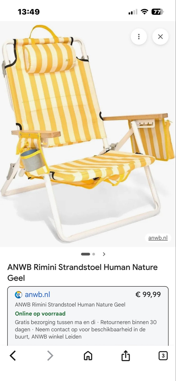 ANWB Rimini Strandstoel Human Nature Geel, Ophalen of Verzenden, Nieuw, Campingstoel