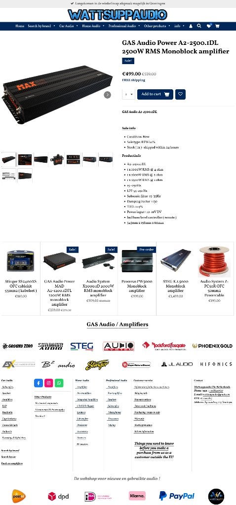 GAS Audio Power A2-2500.1DL Monolok versterker 2500WRMS, Auto diversen, Info@optimount.nl, Nieuw, Ophalen of Verzenden, Anholtseweg 48A 7091 HB DINXPERLO