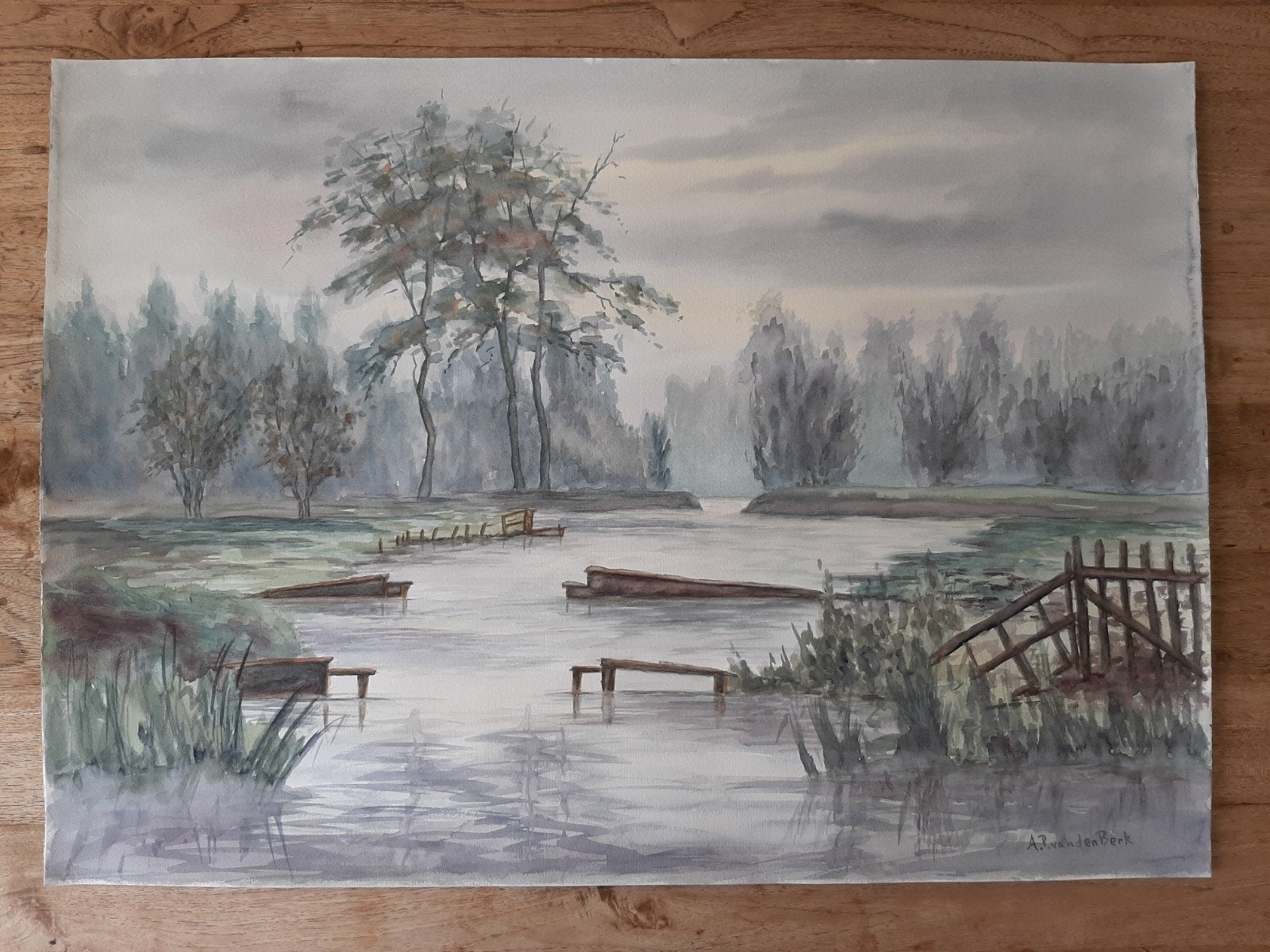 aquarel plassnen bij kortehoef, Antiek en Kunst, Kunst | Schilderijen | Klassiek, Ophalen of Verzenden