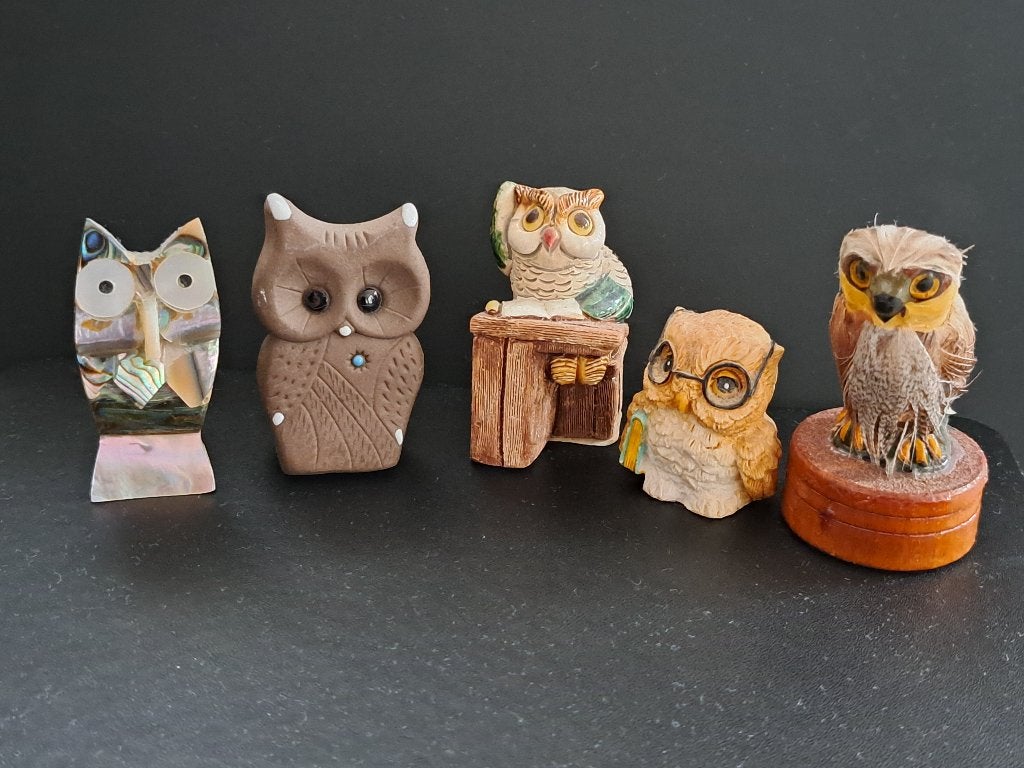 Verzameling van 5 decoratieve uilenbeeldjes, Verzamelen, Ophalen of Verzenden, Gebruikt, Dier