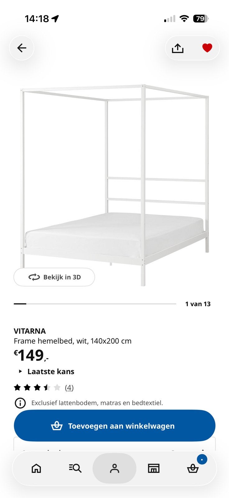 Titel: IKEA VITARNA hemelbed 120x200 incl. lattenbodem, Ophalen, 100 tot 150 cm, Zo goed als nieuw, Minder dan 100 cm