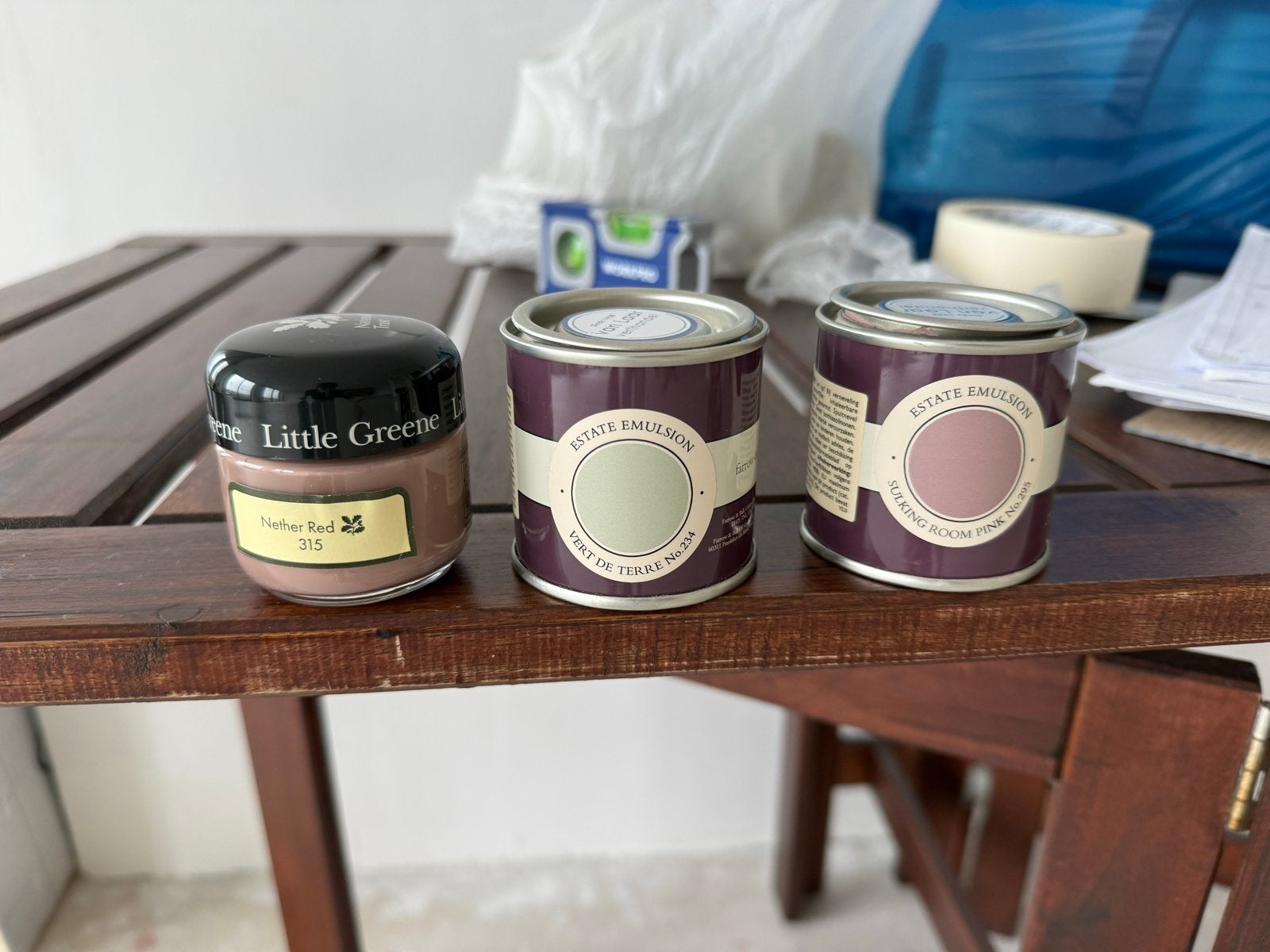 Little Greene en Estate Emulsion verfmonsters, Doe-het-zelf en Verbouw, Gebruikt, Overige kleuren, Ophalen of Verzenden, Verf