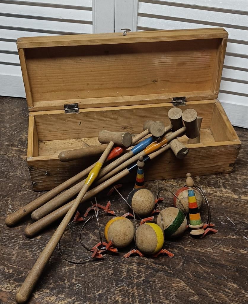 Vintage Tafel Croquetspel in houten kist croquet, Ophalen of Verzenden