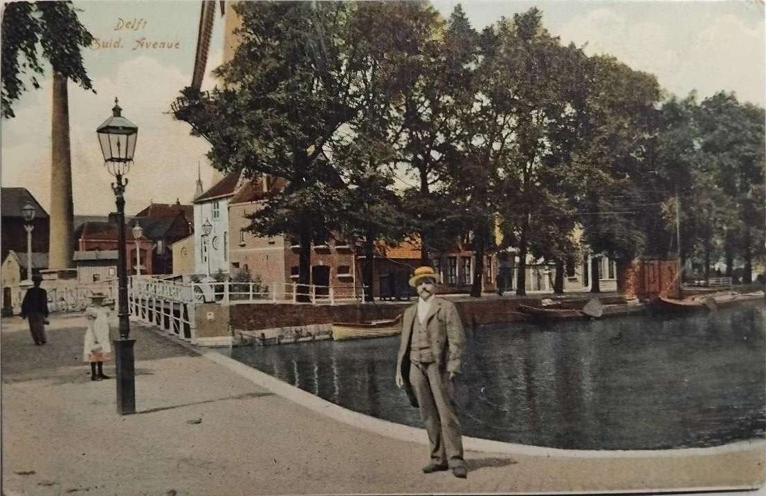 Delft Zuidwal (Zuid. Avenue) molen & strohoed 1908, Ophalen of Verzenden, Voor 1920, Gelopen, Zuid-Holland