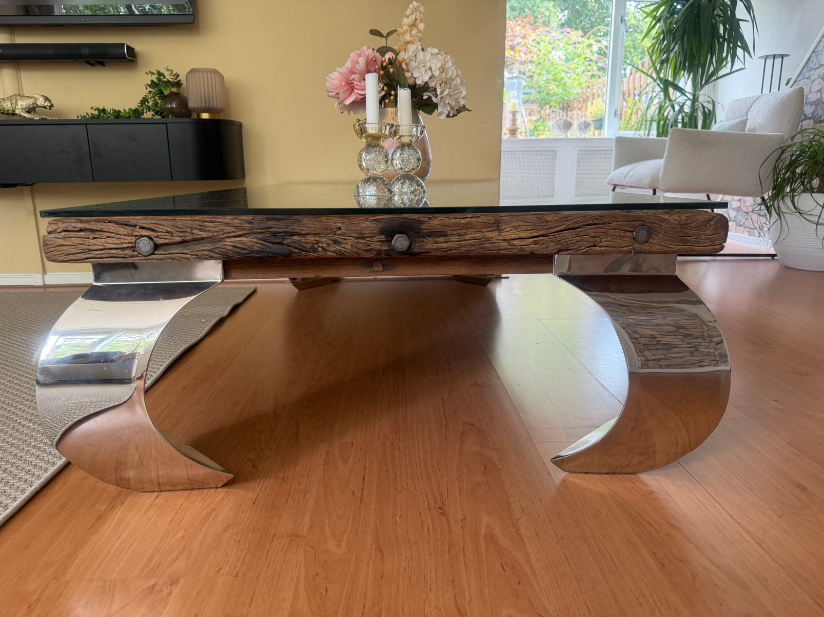 Rebuste zware houte salontafel van Rofra 155x80, Ophalen, 100 tot 150 cm, 50 tot 100 cm, Zo goed als nieuw