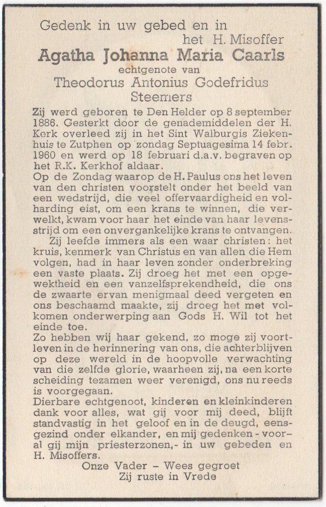 Agatha J.M. Caarls 1886 Den Helder + 1960 Zutphen, 73 jaar, Verzenden
