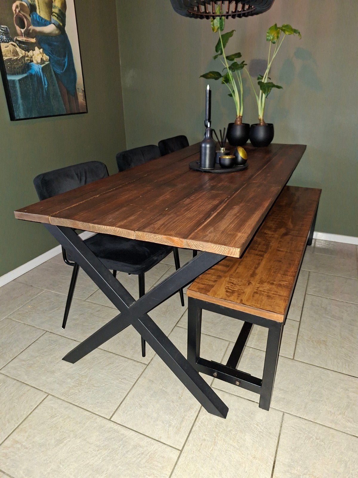 Eettafel met bankje - Industrieel design, Ophalen, 50 tot 100 cm, Zo goed als nieuw, Industrieel