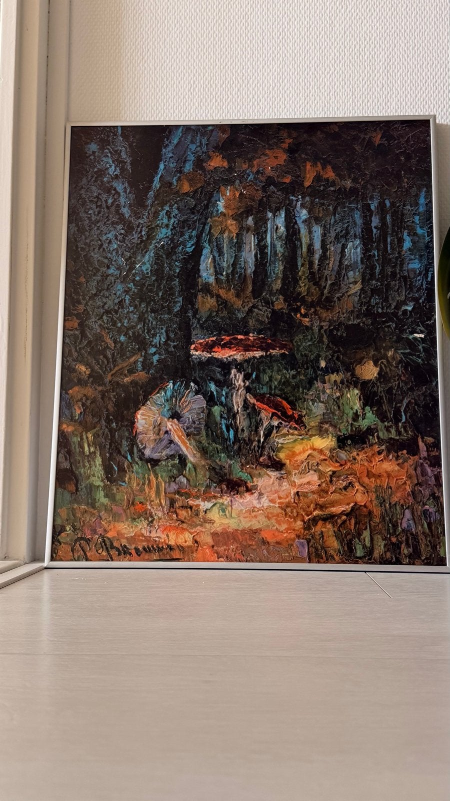 Prachtig schilderij met paddenstoelen in bos - 57x48cm, Antiek en Kunst, Kunst | Schilderijen | Klassiek, Ophalen, Doek, Realistisch