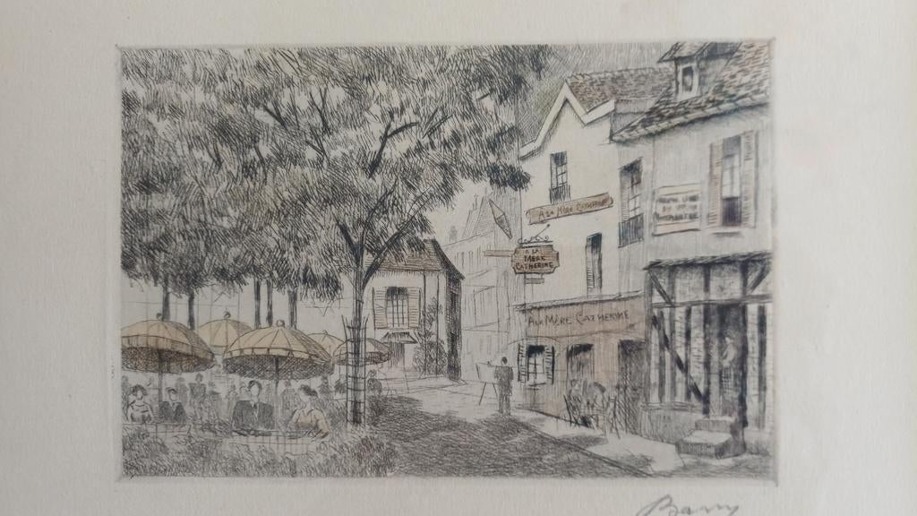 Tekening Place du Tertre, Parijs, Antiek en Kunst, Ophalen of Verzenden