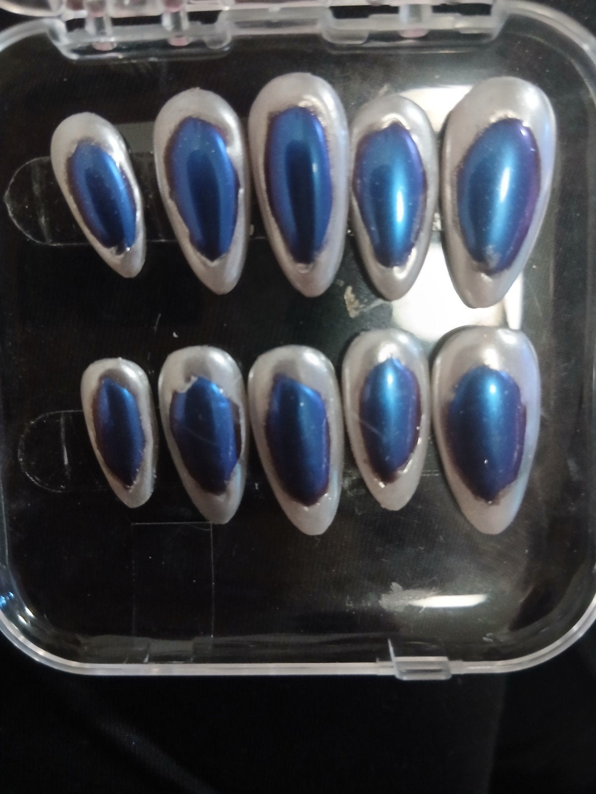 Set van 10 blauw-zilveren nepnagels zelfgemaakt, Ophalen of Verzenden