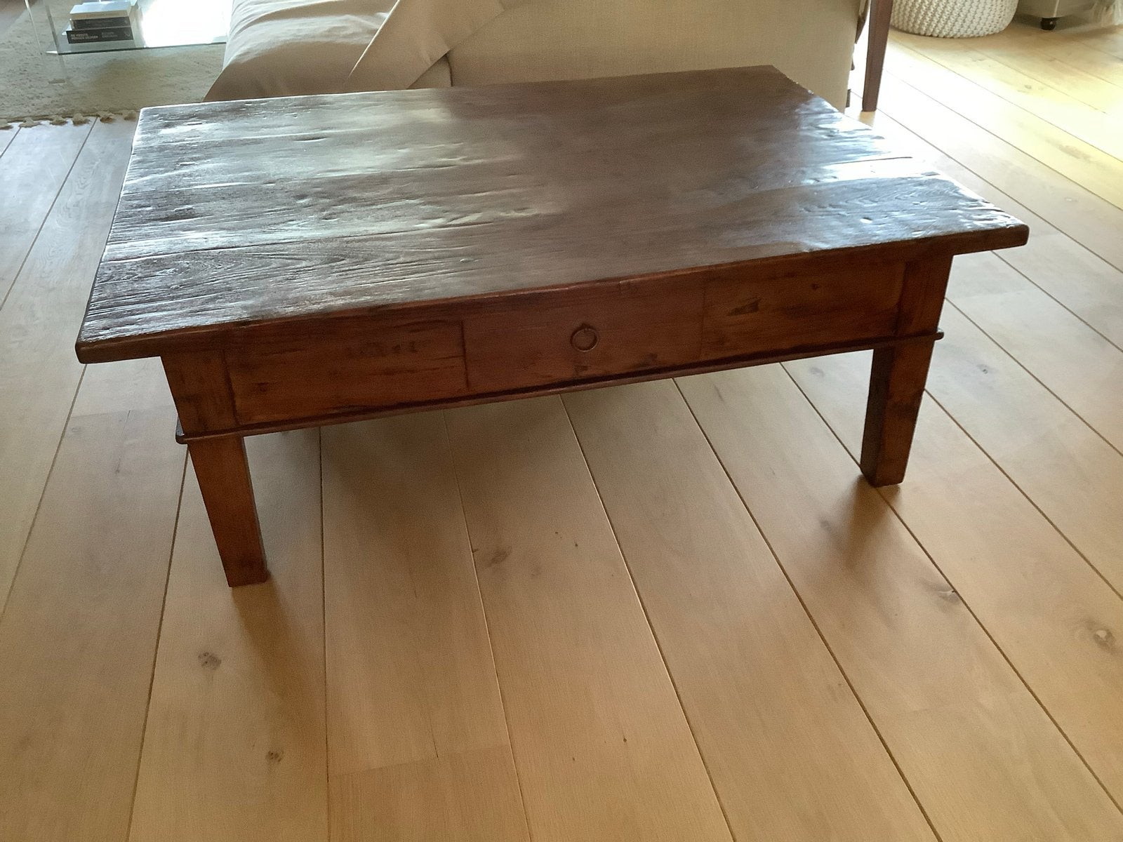 Antieke houten salontafel met lade.  130x93 cm.  50cm hoog., Antiek en Kunst, Ophalen
