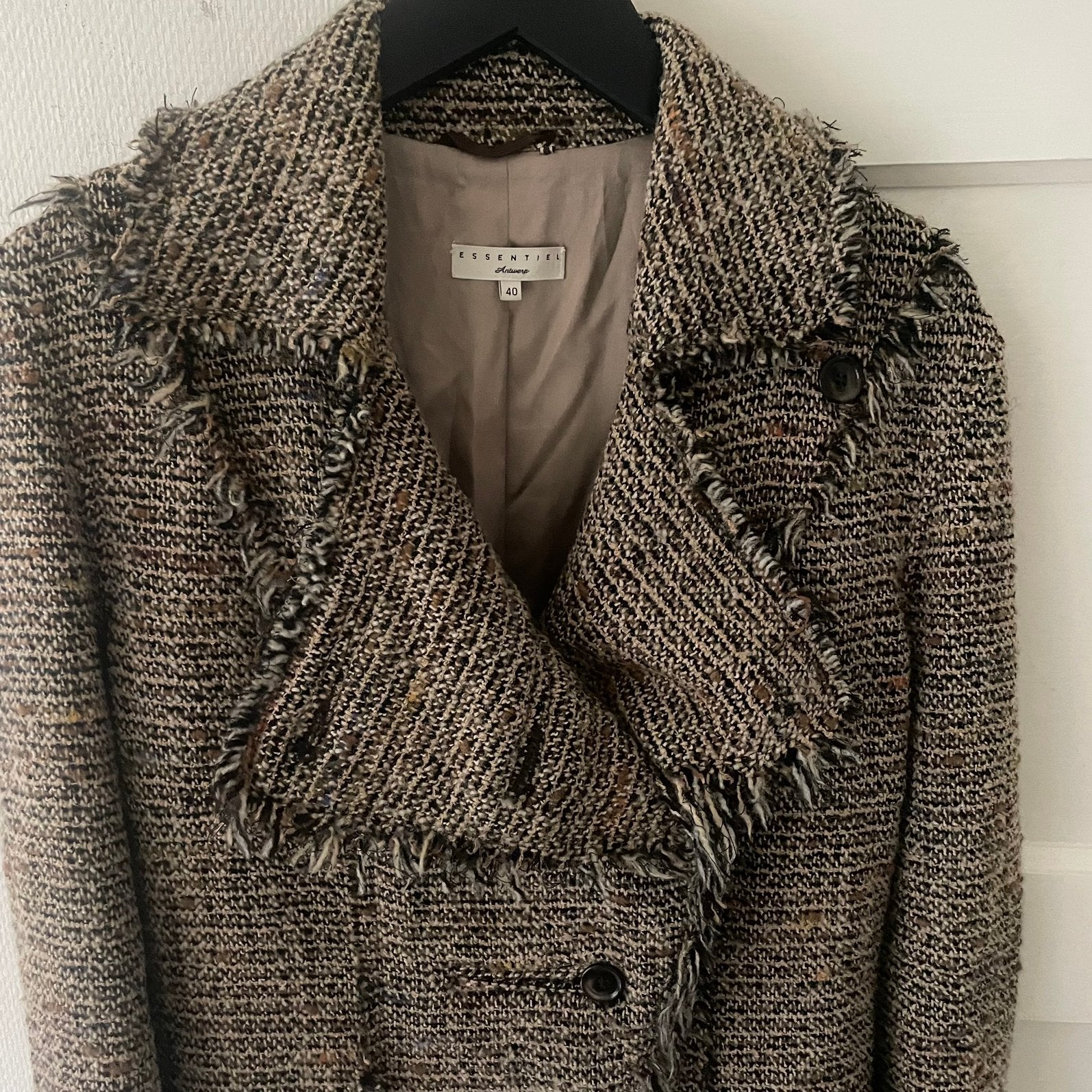 Te koop: jas, Essentiel Antwerpen, beige ruit, 36/38, Ophalen of Verzenden, Zo goed als nieuw, Maat 36 (S), Beige