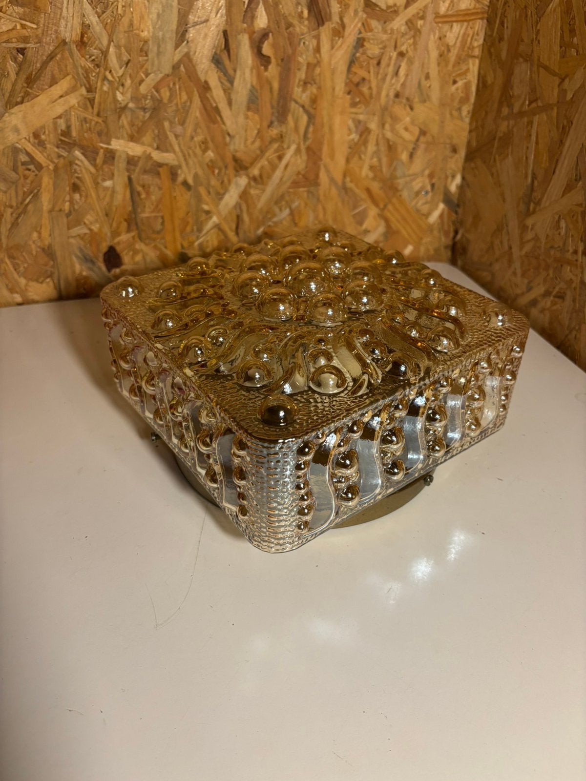Vintage plafonnière met amber bubbelglas – jaren 60/70, Ophalen of Verzenden, Glas