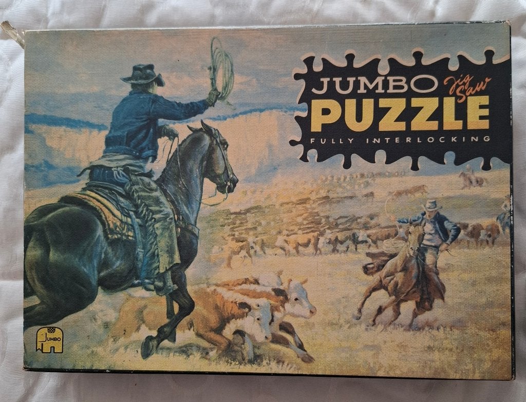 Vintage Jumbo-puzzel "Cowboys te paard met kudde koeien", Ophalen of Verzenden, 500 t/m 1500 stukjes, Gebruikt, Legpuzzel