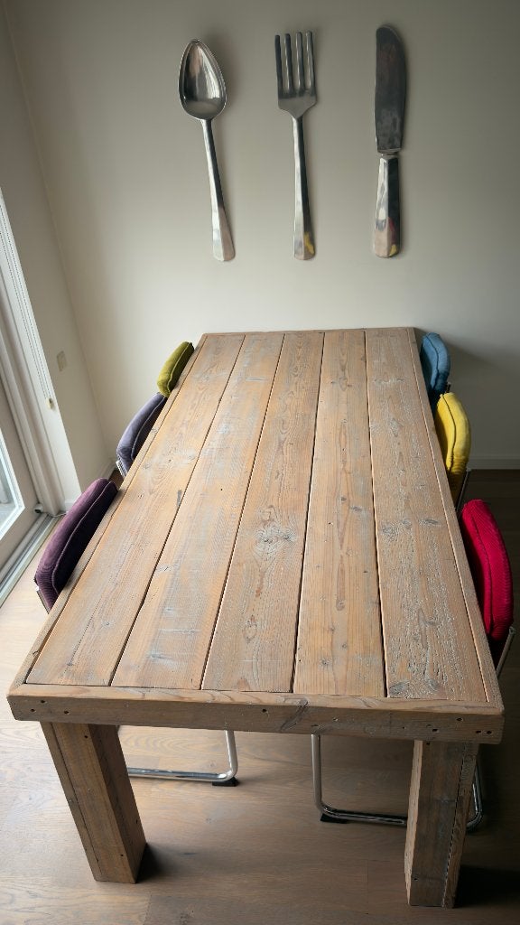 Steigerhouten eetkamertafel met 8 stoelen, Huis en Inrichting, Tafels | Eettafels, Ophalen, Gebruikt, 100 tot 150 cm, 200 cm of meer