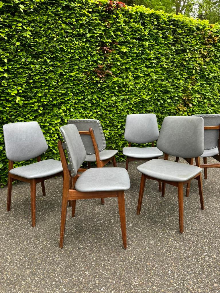 6 eetkamerstoelen vintage teak skai SETPRIJS, Ophalen, Blauw, Zo goed als nieuw, Vijf, Zes of meer stoelen