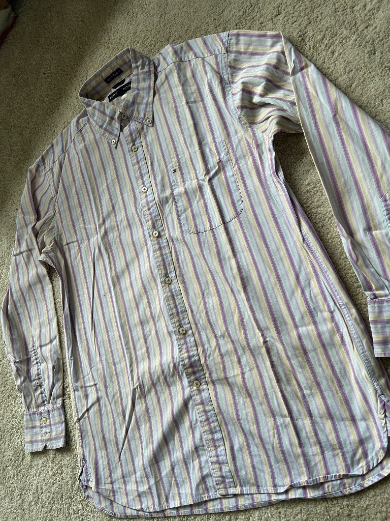 Tommy Hilfiger Overhemd Blouse 80's Pastel Maat L, Blauw, Tommy Hilfiger, Ophalen of Verzenden, Zo goed als nieuw
