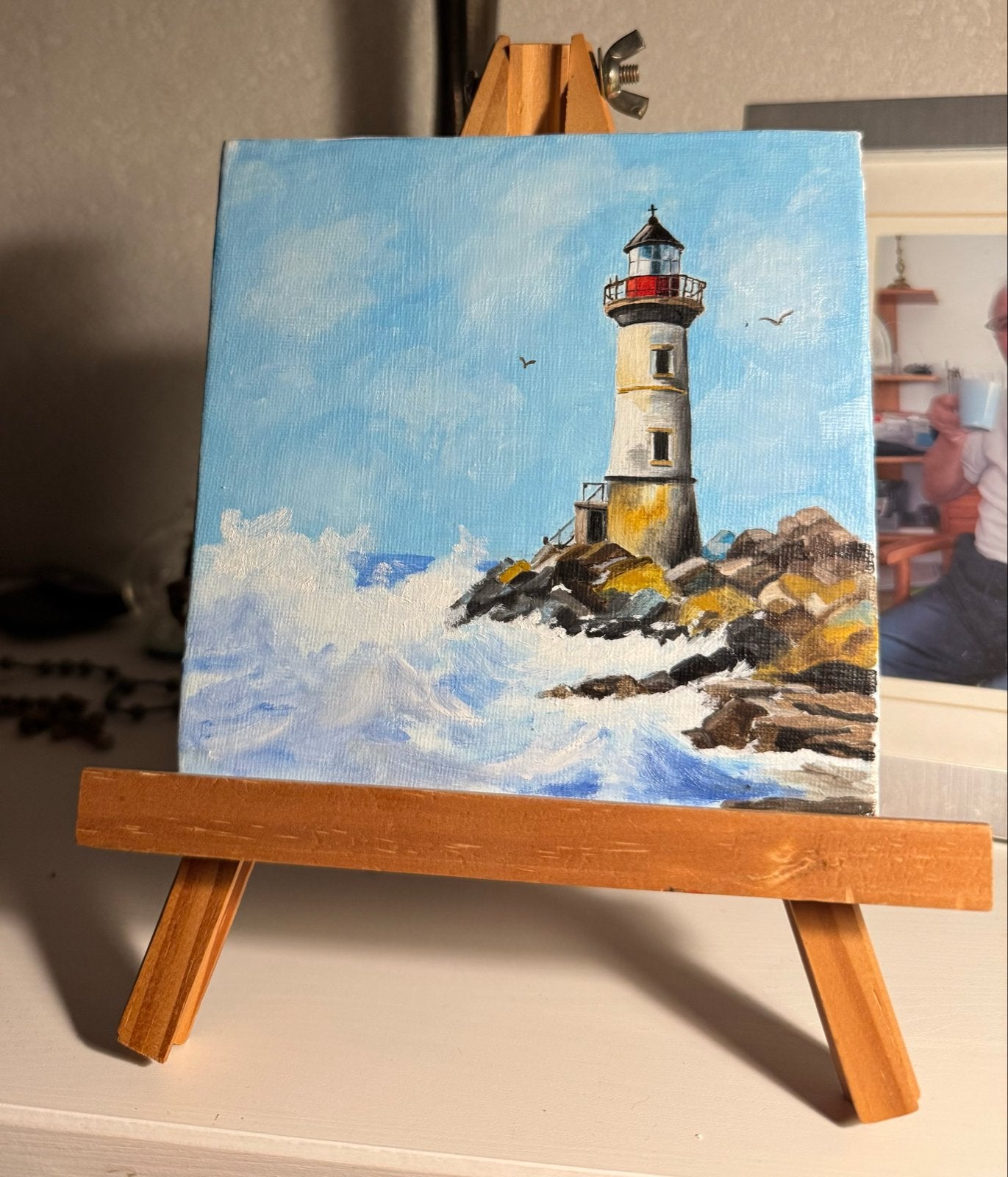Olieverf schilderij met vuurtoren en woeste zee, Ophalen of Verzenden