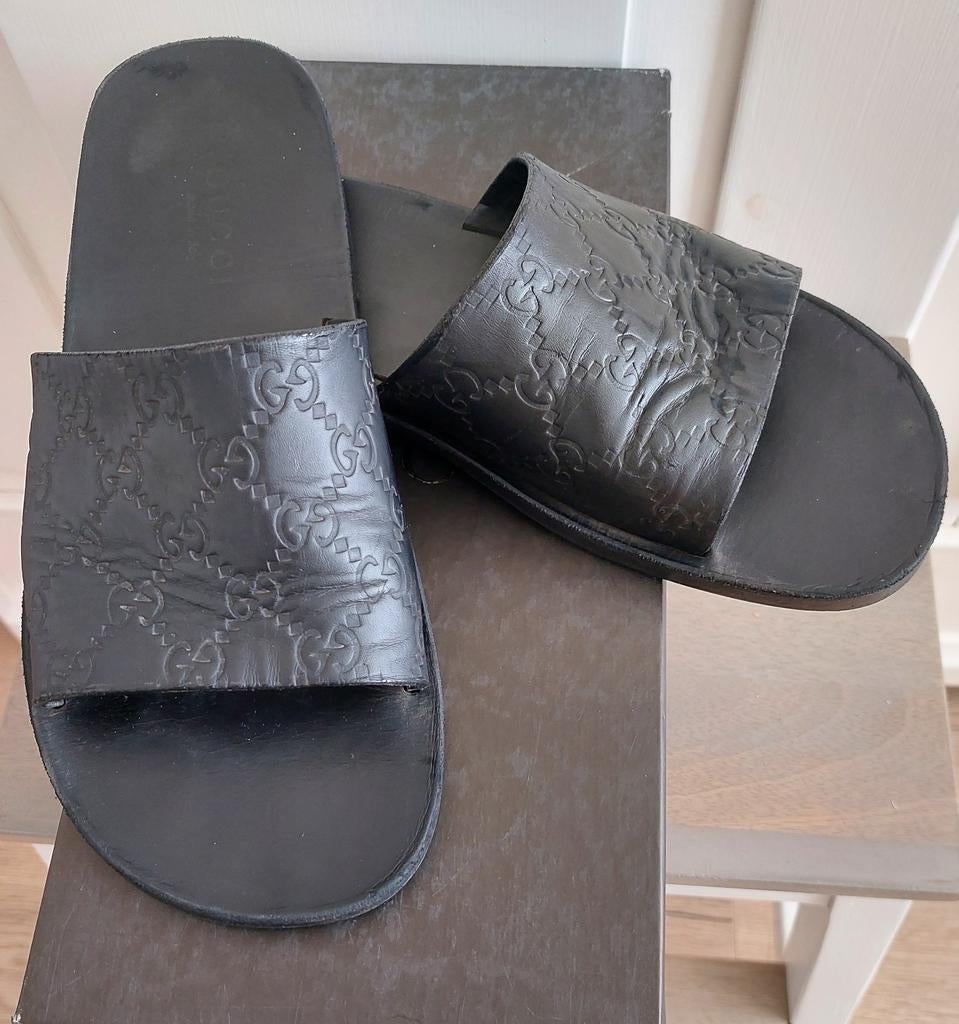 Gucci zwarte leren  GG-monogram herenslippers, Kleding | Heren, Ophalen, Zo goed als nieuw, Zwart