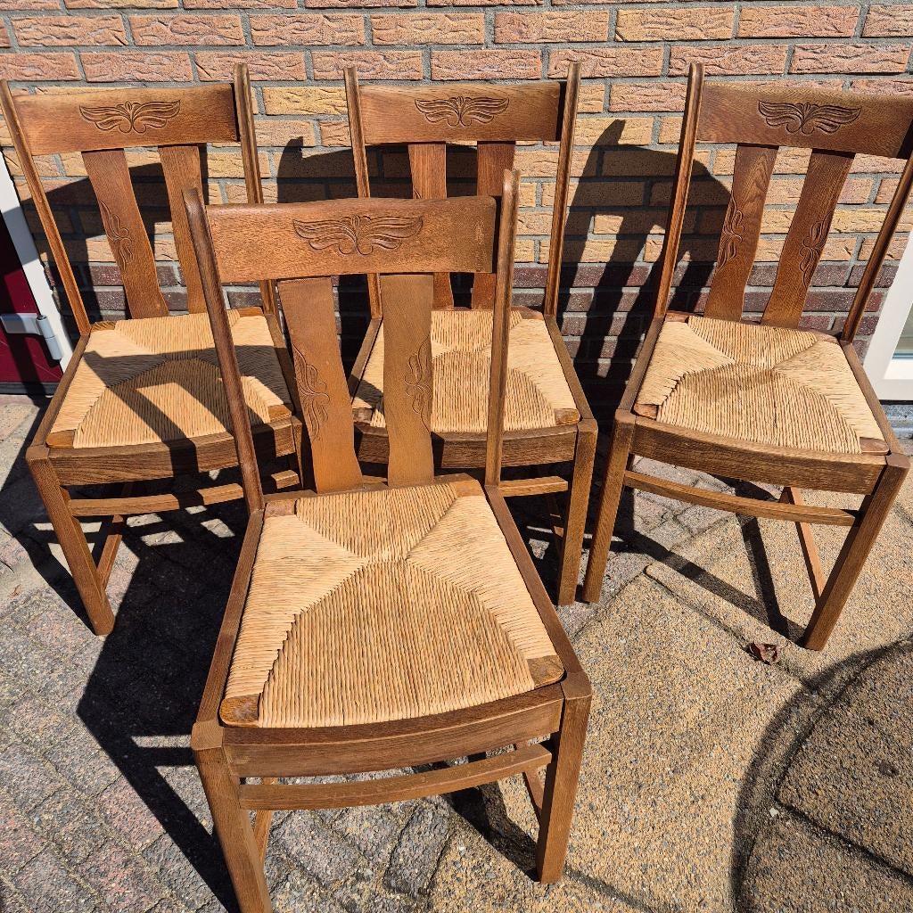 Eetkamerstoelen biezen matten, Huis en Inrichting, Stoelen, Ophalen, Gebruikt, Bruin, Vier