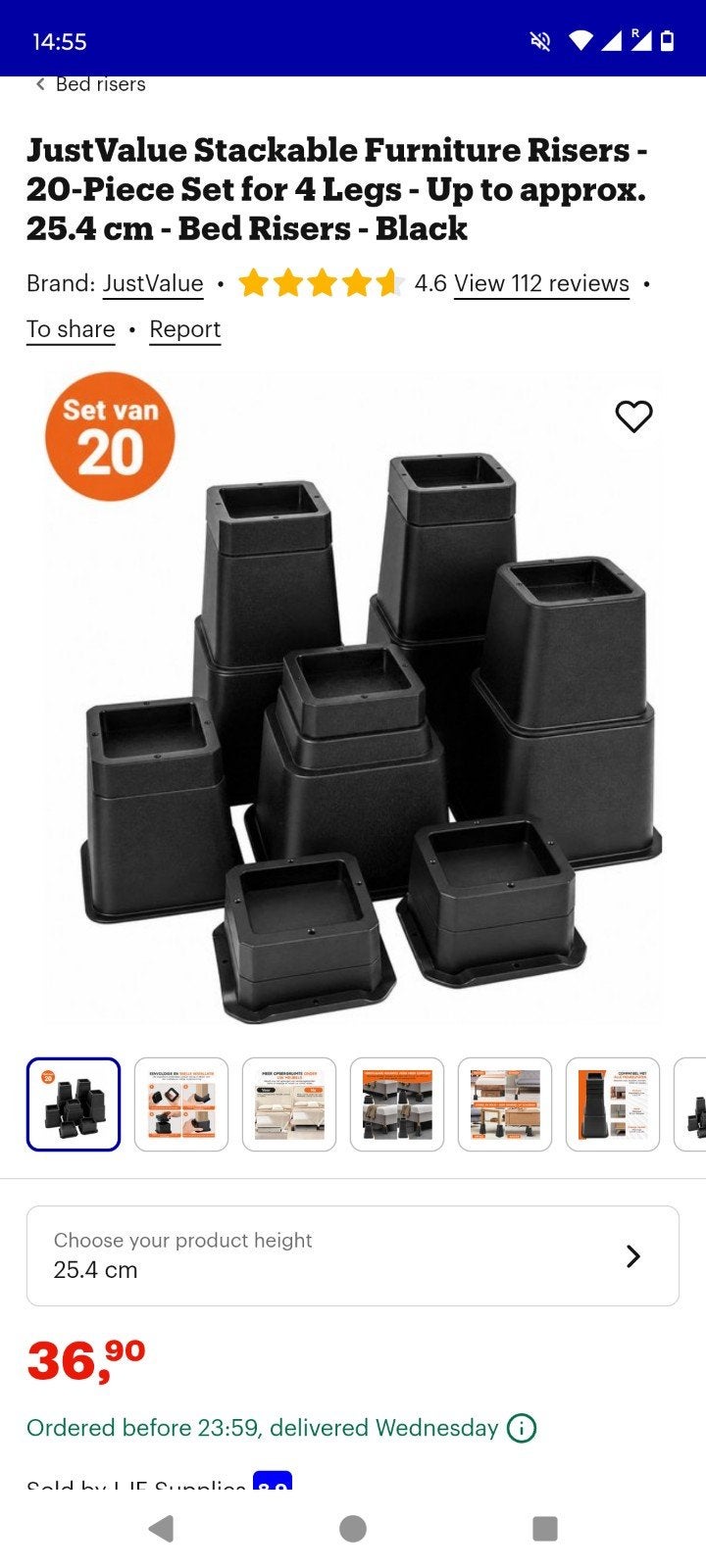 Bedverhogers - Set van 4 (25.4 cm), Ophalen, Overige materialen, Zwart, Tweepersoons