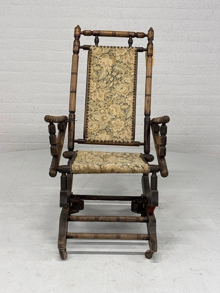 Antieke Amerikaanse schommelstoel met gobelin, Huis en Inrichting, Ophalen, Gebruikt, N.v.t., 75 tot 100 cm