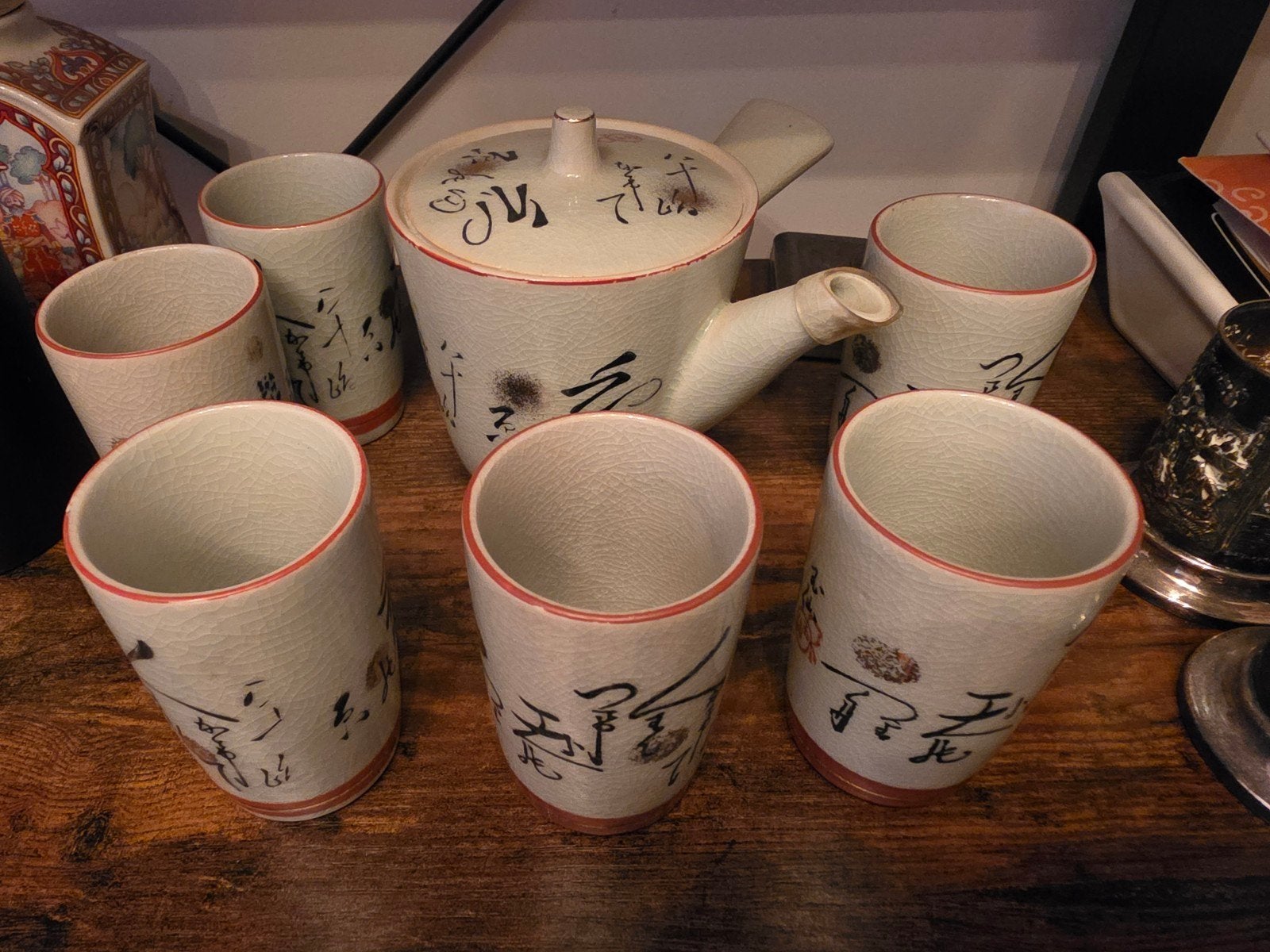 Vintage Japanse theepot met 6 kopjes, Satsuma-stijl, Ophalen of Verzenden