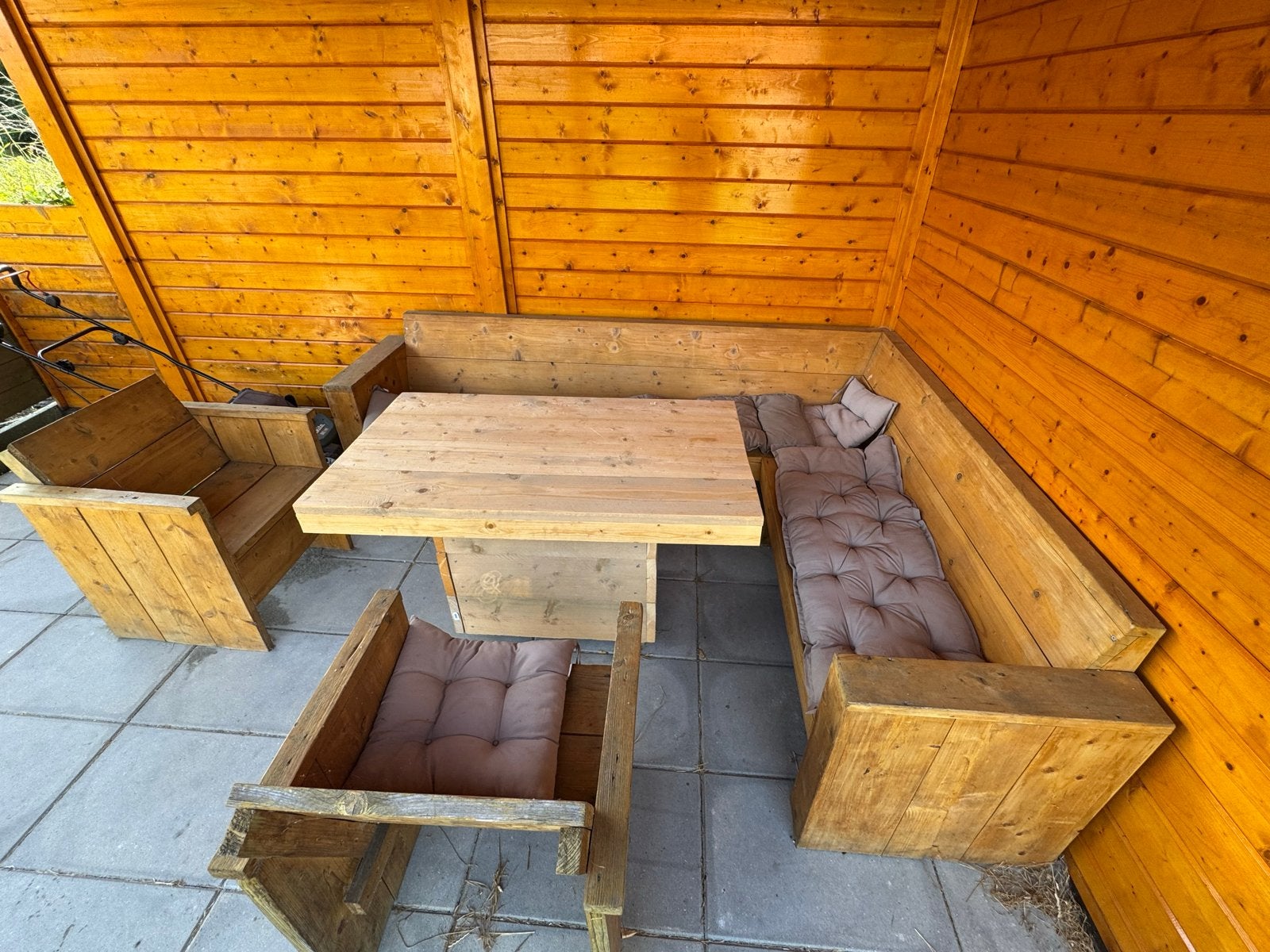 Steigerhouten Tuinset met Hoekbank en Twee Stoelen, Ophalen, 5 zitplaatsen, Gebruikt, Steigerhout