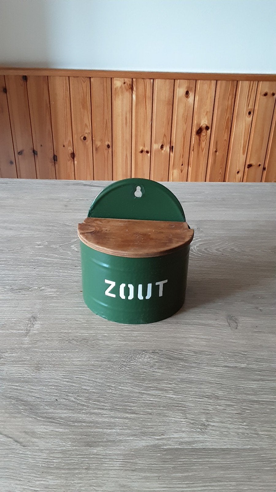 EMAILLE DONKER GROENE ZOUTPOT., Ophalen of Verzenden