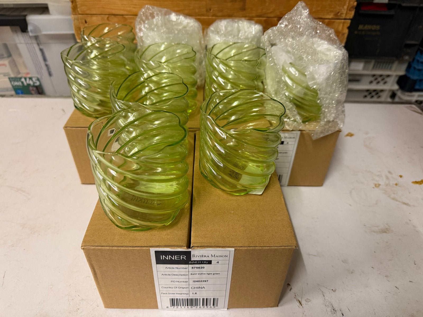 23x Riviera Maison Theelichten Swirl Votive Light Green, Ophalen of Verzenden, Nieuw, Groen, Glas