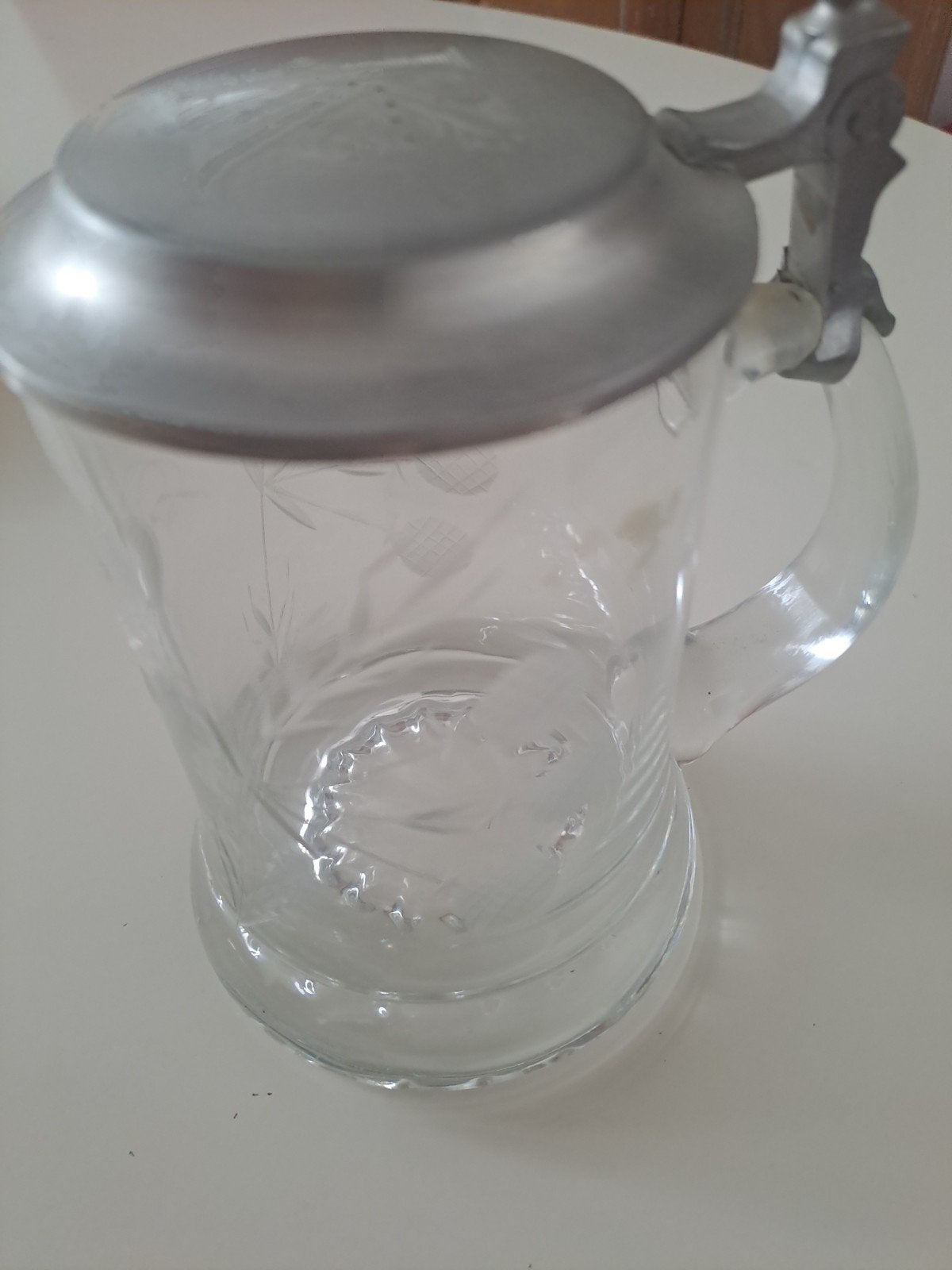 Vintage Glazen Bierpul met Tin Deksel en Gravering 'K', Antiek en Kunst, Ophalen of Verzenden
