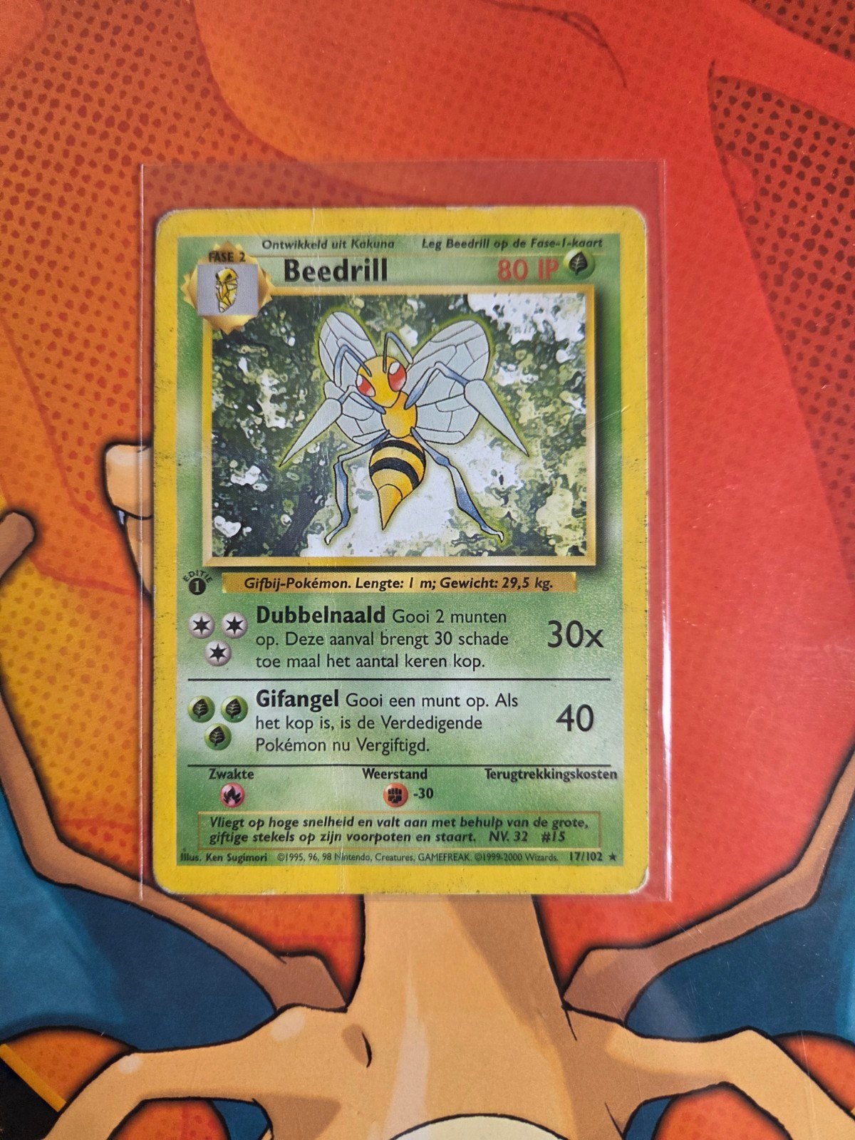 Beedrill 1st edition Pokémon Kaart 17/102 nederlands, Ophalen of Verzenden, Gebruikt, Losse kaart
