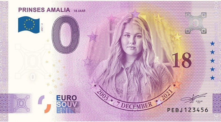 0 Euro biljet Prinses Amalia 18 jaar 2021, Ophalen of Verzenden, Overige landen, 5 euro