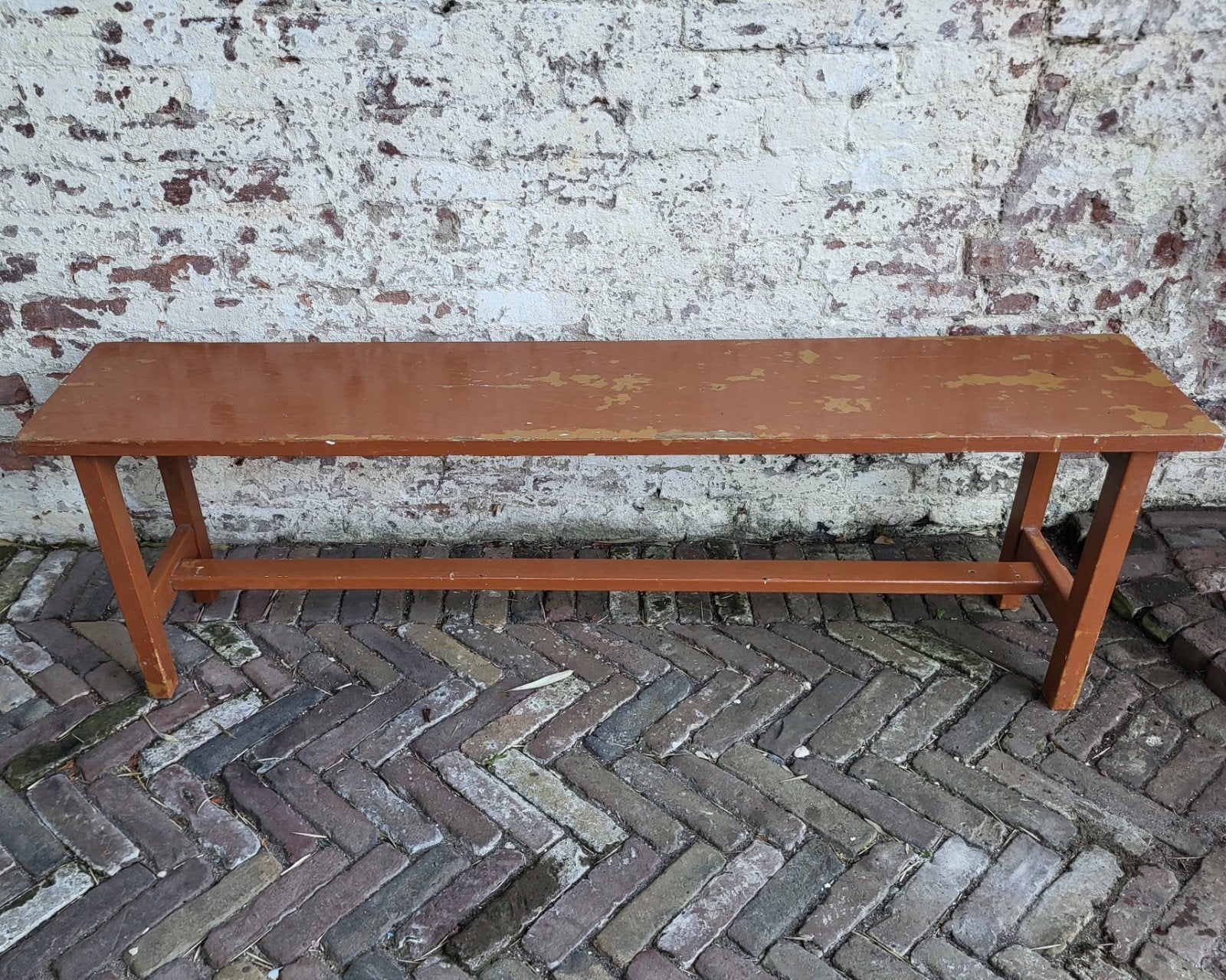 oud frans brocante houten bankje / allegonda, Ophalen of Verzenden