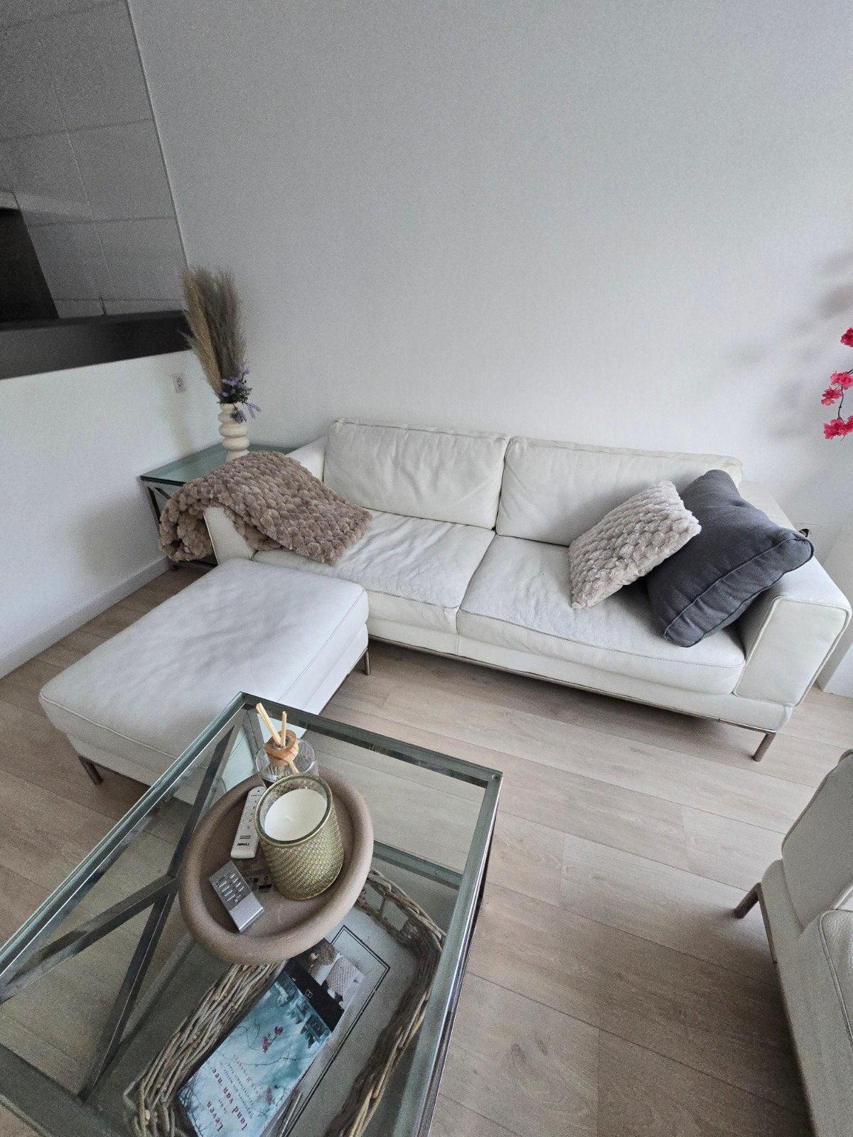 IKEA Wit Leren Bankstel: 3-zits,, 2 fauteuils + ,poef, Gebruikt, Leer, Ophalen of Verzenden, Rechte bank