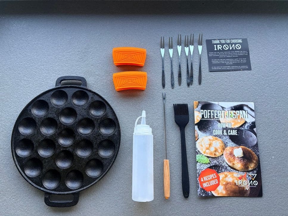 Poffertjespan gietijzer met accessoires - zo goed als nieuw, Overige typen, Ophalen of Verzenden, Zo goed als nieuw, Zwart
