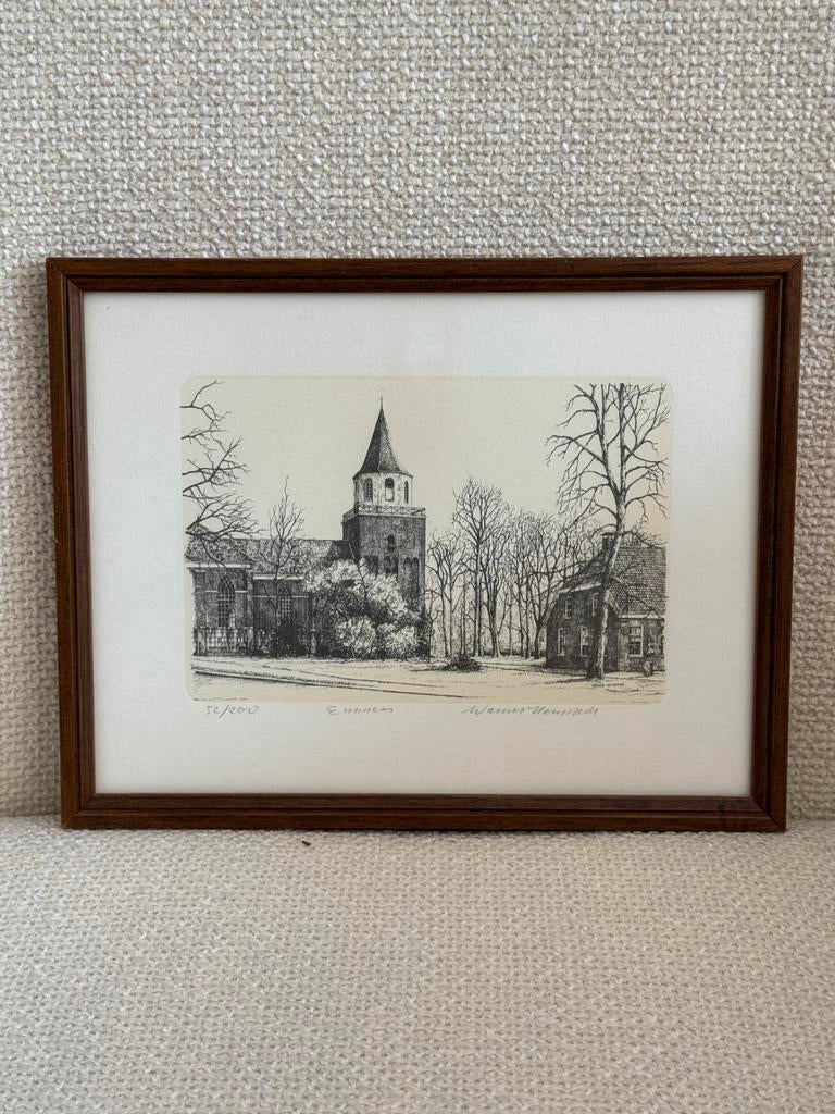 Ets Warner Hemstede titel: Emmen, 18 cm, Stadsgezicht, Ophalen of Verzenden, 1950 - 1999