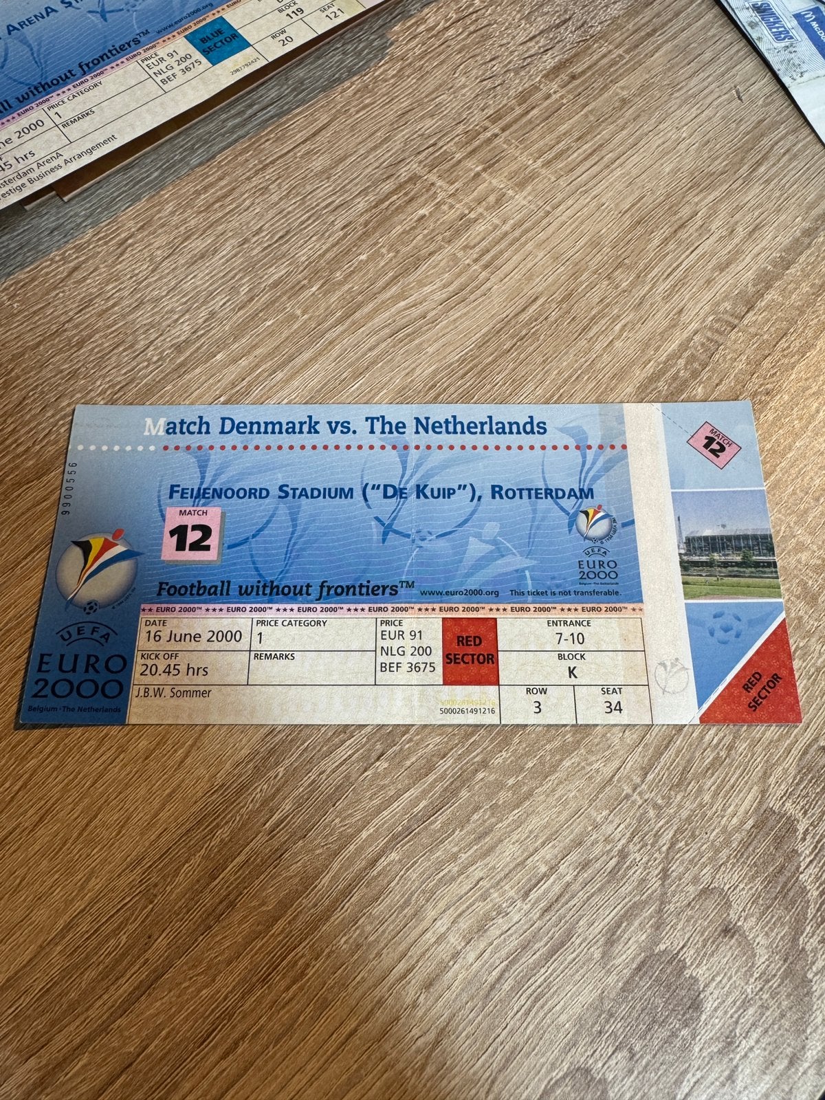 EK2000 Denemarken - Nederland Ticket, Ophalen of Verzenden, Gebruikt, Overige binnenlandse clubs