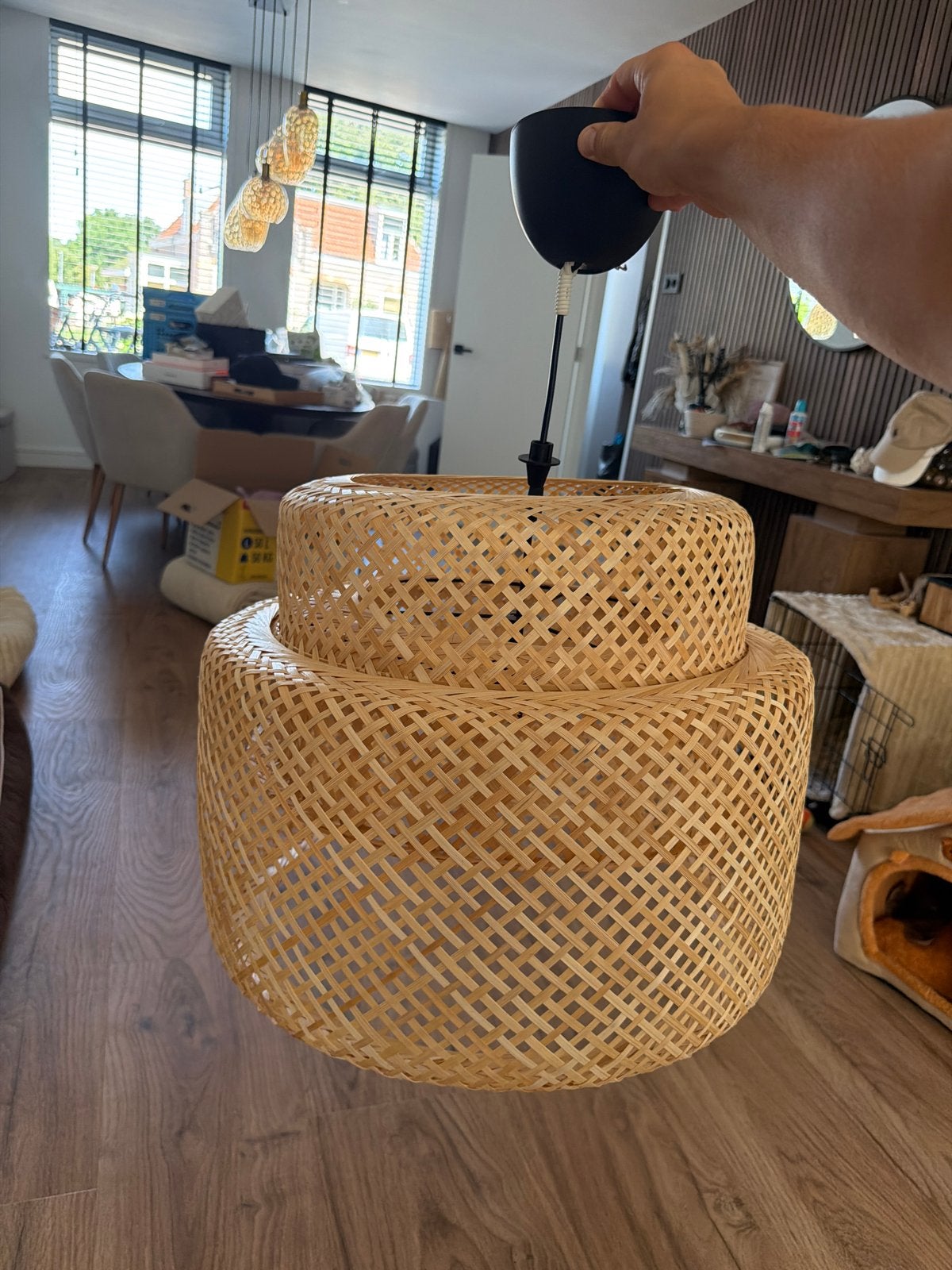 Rotan hanglamp - Boheemse stijl, Huis en Inrichting, Lampen | Hanglampen, Ophalen, Zo goed als nieuw, Natuurlijk materiaal, E27 (groot)