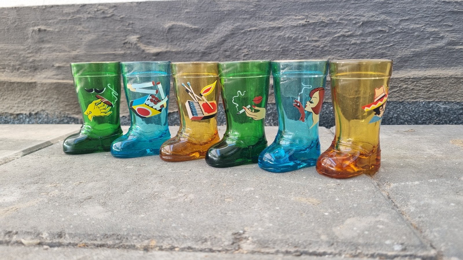 Set van 6 Vintage Laarzen Shotglaasjes sigaretten  en sigaar, Ophalen of Verzenden