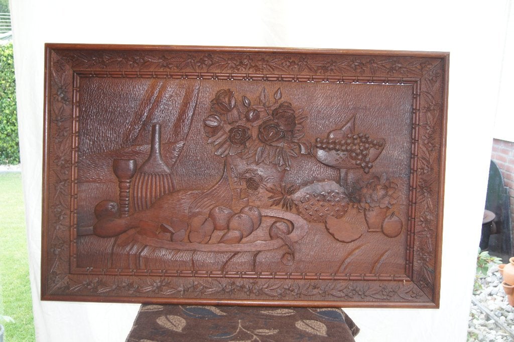 Houten reliëf: Stilleven met fruit en bloemen ( Shilderij, Stilleven, Ophalen of Verzenden, Overige technieken, Overige ondergronden