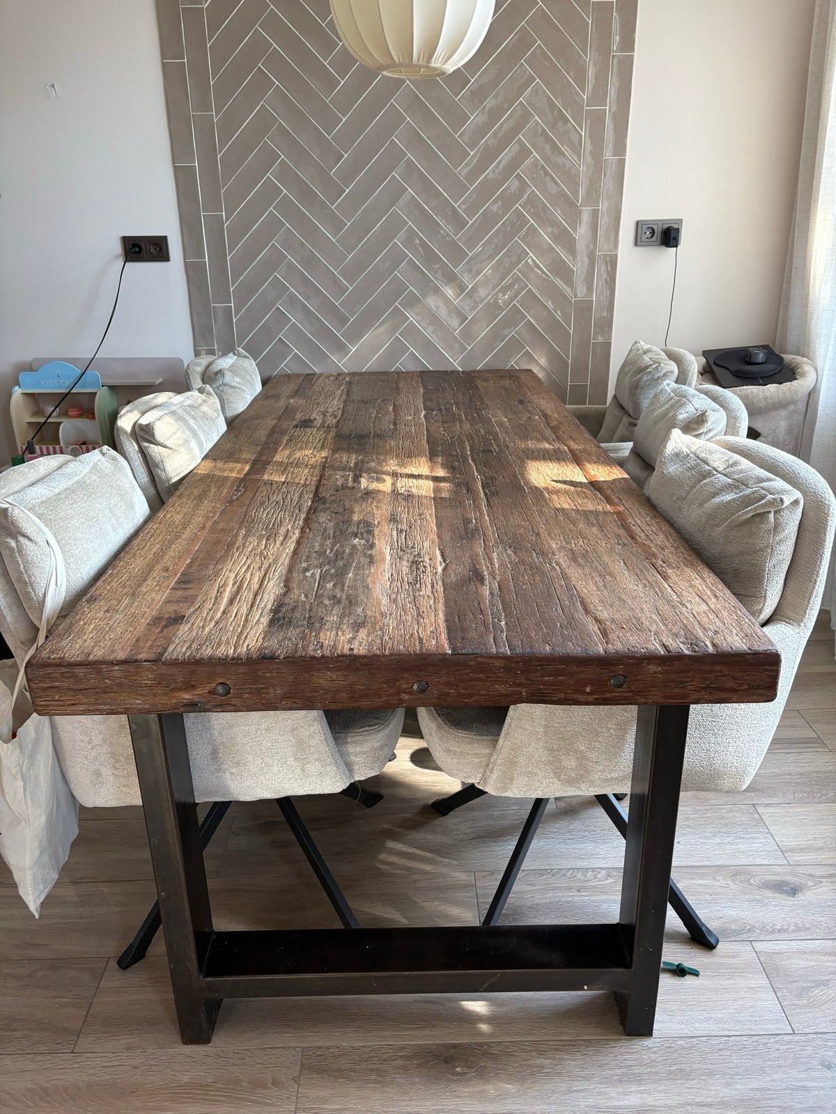 Zware robuuste mango houten tafel 220x110 cm, Ophalen, Gebruikt, 100 tot 150 cm, 200 cm of meer