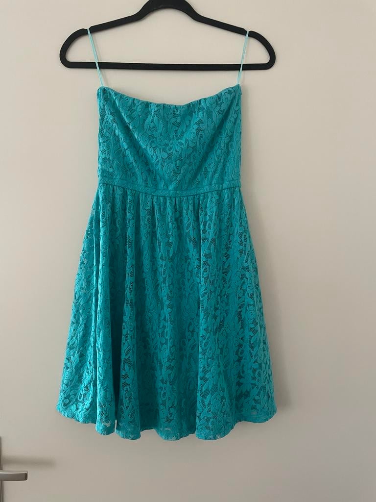 Turquoise kanten strapless jurk Maat S/M - Nieuw, Blauw, Nieuw, Ophalen of Verzenden, Maat 36 (S)