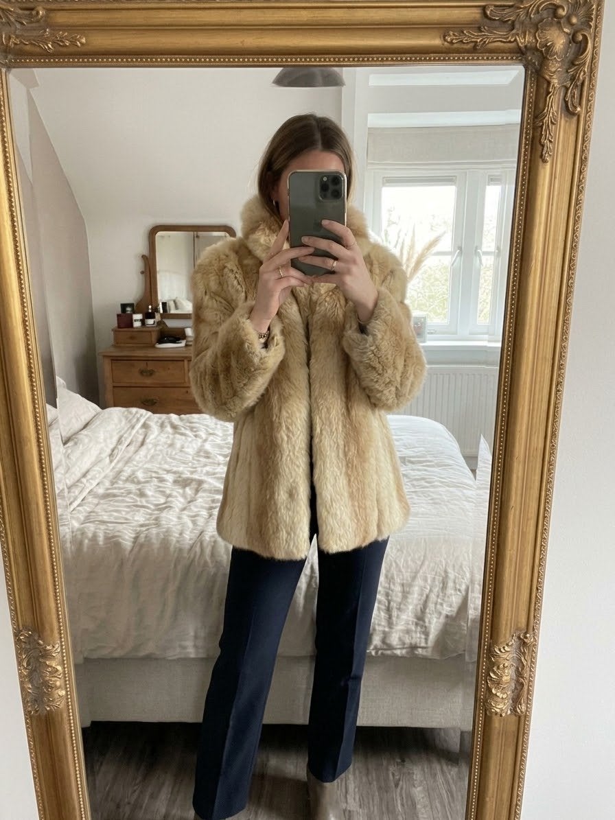 Vintage Bontjas Beige/Bruin - Maat M, Verzenden, Zo goed als nieuw, Maat 38/40 (M), Beige